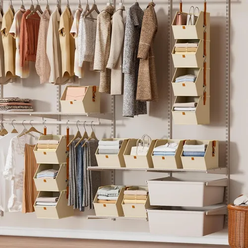 Miniatura 6 de Homsorout Organizador colgante de armario de 4 niveles, estantes colgantes para ropa, sistema de armario que ahorra espacio, contenedores de Beige