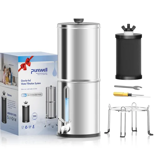 Purewell Sistema de filtro de agua de gravedad portátil de 1.0 galones, sistema de encimera de ultrafiltración de 4 etapas de 0.01 μm con ventana de