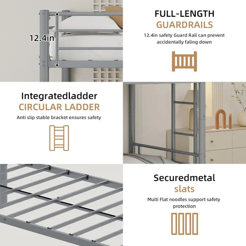 Miniatura 4 de GNIXUU Litera de metal individual sobre cama individual con nido, litera resistente con escaleras y barandilla de seguridad, marcos de cama Plateado