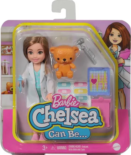 Miniatura 6 de Set de juego Barbie con muñeca morena Chelsea que puede ser doctora y accesorios que incluyen una pizarra, herramientas médicas y adhesivos