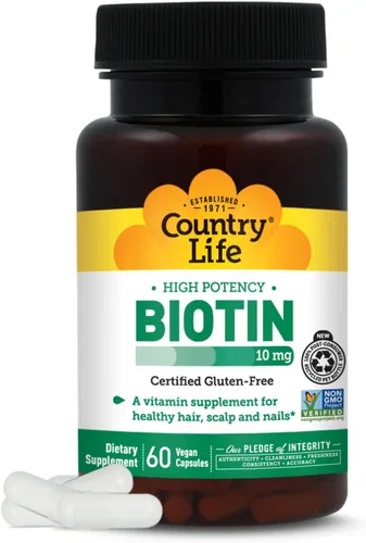 Country Life Biotina de alta potencia, 10 mg, 60 unidades, certificado sin gluten, certificado vegano, verificado sin OMG