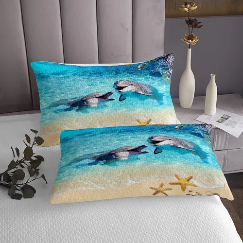 Miniatura 4 de Homewish Juego de 2 piezas de colcha con diseño de delfín, diseño de vida marina y estrellas de mar, coral, para decoración de habitación de niños