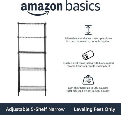 Miniatura 4 de Amazon Basics Estantería de almacenamiento de acero resistente y multiusos con 5 estantes, fácil montaje, 13.4 pulgadas de profundidad x 23.2 Negro