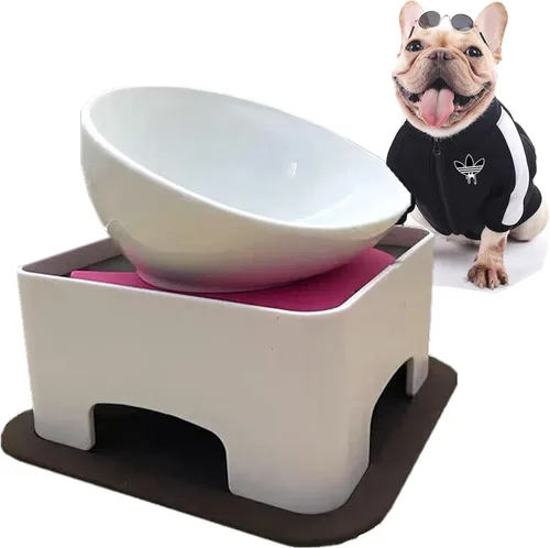 Tazón Bulldog Antideslizante para Perros y Gatos, Plato Desmontable para Mascotas, Comedero Inclinable Estéril para Mascotas con Base Inclinada