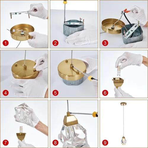 Miniatura 9 de Lámpara colgante de cristal de diamante de 1 luz, lámpara colgante mini para techo en acabado de latón cepillado dorado, lámpara colgante LED
