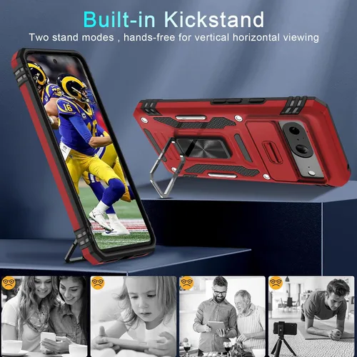 Miniatura 4 de DEERLAMN Funda para Google Pixel 8 con cubierta deslizante para cámara + protector de pantalla (1 paquete), soporte de anillo giratorio grado