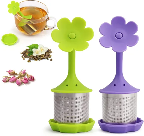 Paquete de 2 filtros de silicona para té más empinados, infusores, filtros de malla fina para hojas de té, flores; morado o verde