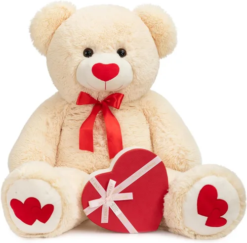 HollyHOME Oso de Peluche Grande Animal de Peluche Oso Grande de Felpa con Corazón Rojo para Novia y Niños Juguete de Regalo de Vacaciones 36 Beige