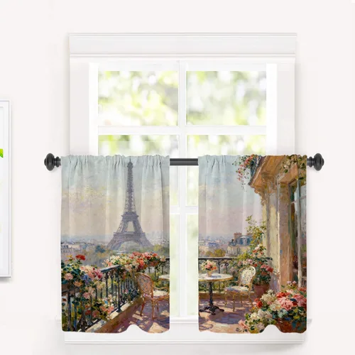 Miniatura 10 de Cortinas opacas de cocina con pintura al óleo de Europa rosa y negra para ventanas, cenefas opacas modernas de torre Eiffel de poliéster multicapa