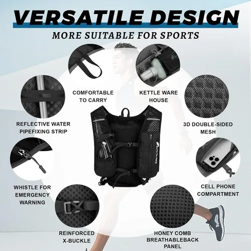 Miniatura 5 de Mochila de hidratación con 2 vejigas de agua de 2 litros, mochila de agua ligera para senderismo, chaleco de hidratación con 2 muñequeras y 1 banda