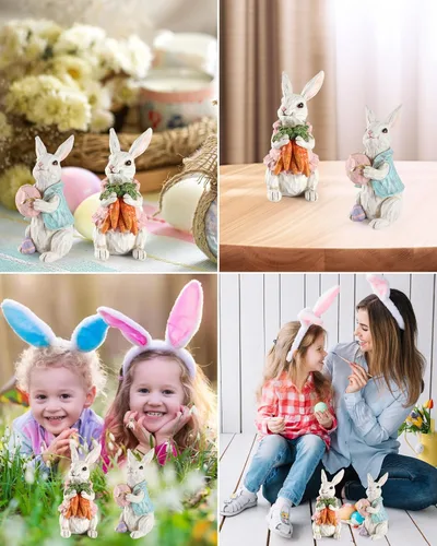 Miniatura 2 de iStatue Decoraciones de Pascua, paquete de 2 figuras de conejo de resina de 4.2 pulgadas con huevos de resurrección y zanahorias, estatua pintada a