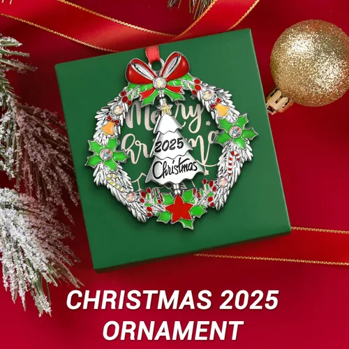 Miniatura 5 de Adorno de Navidad 2025, decoración para árbol de Navidad, corona de Navidad de metal con árbol giratorio fechado 2025, adornos plateados brillantes