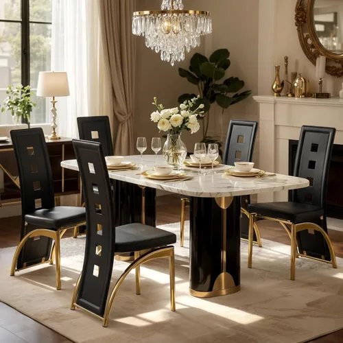 Miniatura 3 de Juego de 2 sillas de comedor modernas, juego de 2 sillas de comedor negras, sillas de cocina tapizadas de piel sintética con patas de metal dorado