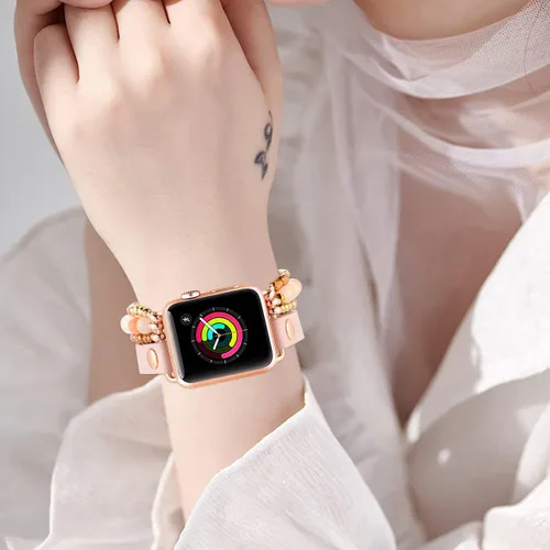 Miniatura 6 de fastgo Correa de cuero compatible con Apple Watch de 1.77, 1.73, 1.65 y 1.73 pulgadas, correa elástica con cuentas para mujer, correa elástica