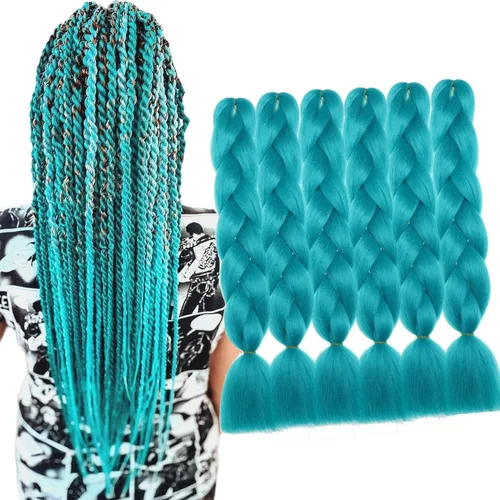 Miniatura 7 de 3 paquetes de extensiones de cabello sintético para trenzas de 24 pulgadas, color verde azulado, cabello trenzado jumbo para festivales coloridos