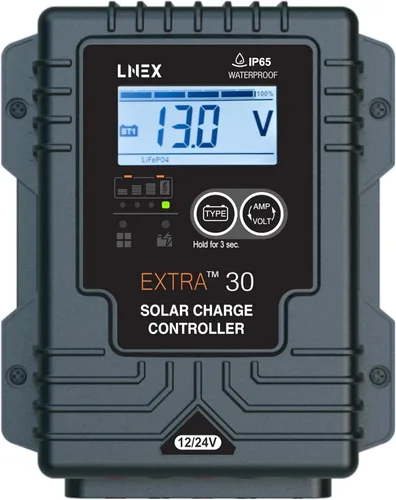 LNEX Controlador de carga solar impermeable, regulador de panel solar de 30A con sensor de temperatura, LCD retroiluminado, controlador solar PWM de