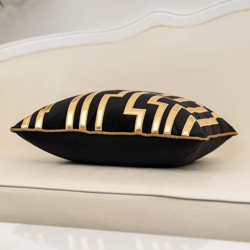 Miniatura 3 de Alerfa - Funda de cojín con rayas de cuero dorado, negra, de 18x18 pulgadas, geométrica, lujosa, decorativa, bordada, de terciopelo, para sofá, Negro