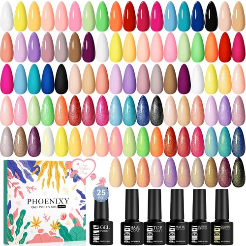 Phoenixy Juego de 30 esmaltes de uñas de gel, 25 colores, esmalte de uñas de gel U V, color nude, blanco, negro, rojo, azul, rosa, para todas las