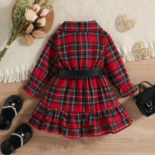 Miniatura 7 de Conjunto de cinturón de vestir de manga larga con volantes y estampado a cuadros para niñas pequeñas rojo 4-5 años