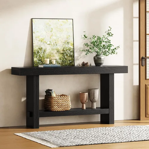 Miniatura 8 de Mesa consola de madera maciza de 63 pulgadas, mesa de entrada estrecha de 2 niveles para pasillo, entrada, sala de estar, detrás del sofá