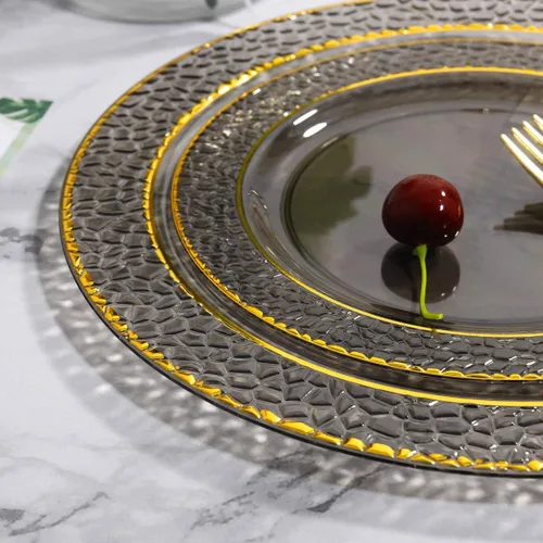 Miniatura 9 de Nervure - 150 piezas de platos de plástico negro transparente - Platos de fiesta dorados - Set de vajilla negra y dorada incluye: 50 platos, 25