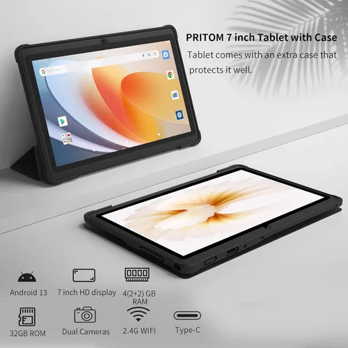 Miniatura 2 de PRITOM K7PRO Tablet de 7 pulgadas con funda de 32 GB - Tablet PC Android 13 con procesador de cuatro núcleos, pantalla HD IPS, cámara dual, WiFi