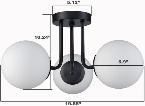 Miniatura 7 de Lámpara de techo semiempotrada moderna de metal negro de 3 luces con pantalla de vidrio de globo blanco, lámpara de montaje en techo para pasillo