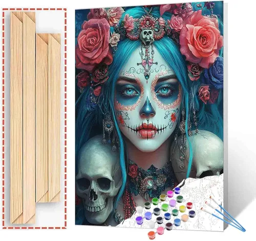 Miniatura 21 de Pintura por números para parejas tomadas de la mano, para adultos, principiantes, Día de los Muertos, Esqueleto, Pintura por números sobre lienzo