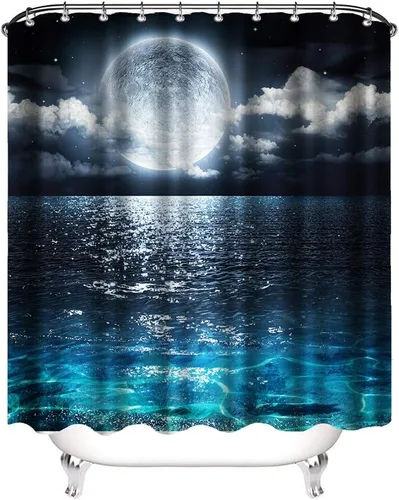 Miniatura 5 de Cortina de ducha de tela impermeable con luna llena sobre paisaje oceánico, para decoración de baño, juego con ganchos, 72 x 72 pulgadas