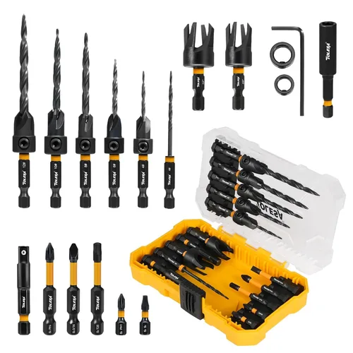 TOLESA Juego de brocas avellanadas, 18 brocas cónicas para fregadero de madera con 2 cortadores de enchufe de madera, soporte magnético para puntas