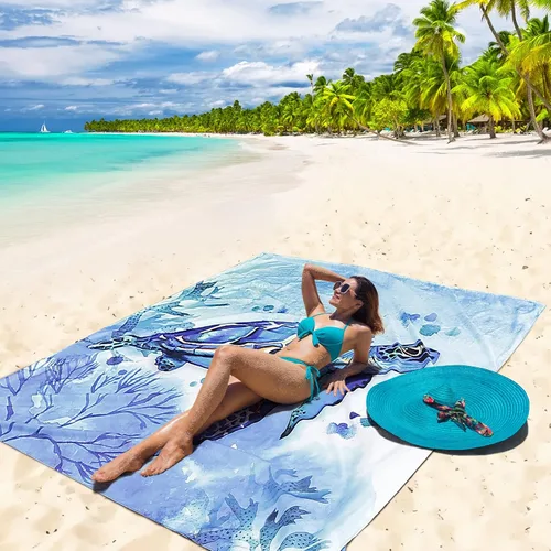 Miniatura 6 de HIHOHO Manta de playa impermeable a prueba de arena, extra grande, 79 x 83 pulgadas, 120 x 108 pulgadas, para 1-8 adultos, de secado rápido, tortuga