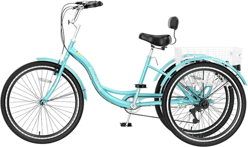 Miniatura 14 de MOPHOTO Triciclo para adultos de 7 velocidades, 20/24/26 pulgadas, triciclo para adultos con canasta trasera grande, 350 libras de capacidad
