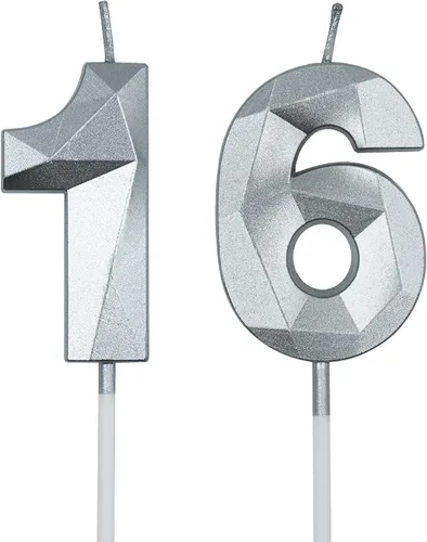Velas de cumpleaños número 16 y 61 para tartas, velas plateadas con forma de diamante 3D, decoración de cumpleaños, suministros de fiesta para Plata