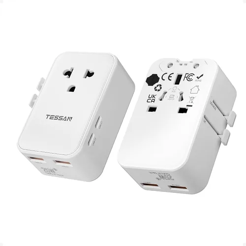 Miniatura 8 de TESSAN Adaptador de viaje universal PD 25W, adaptador de corriente internacional ultrafino, cargador rápido, adaptador de enchufe mundial con 2 USB