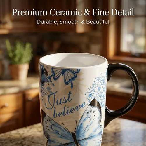 Miniatura 5 de Topadorn Taza de café de cerámica de 17 onzas con tapa y caja de regalo, taza inspiradora de mariposa de acuarela, taza de té de porcelana floral B