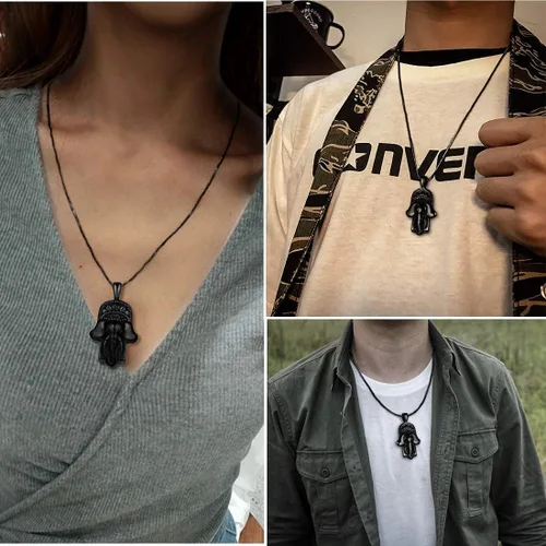 Miniatura 5 de Hamsa - Collar de mano para hombre, acero inoxidable 316L, colgante de mano de Fátima, chapado en oro de 18 quilates, color negro y pistola, amuleto