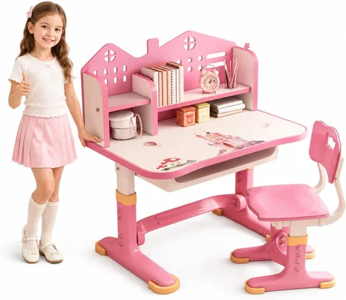 Miniatura 10 de cdar Juego de escritorio para niños, diseño de dibujos animados, altura ajustable, juego de sillas de mesa para niños, ergonómico, separación
