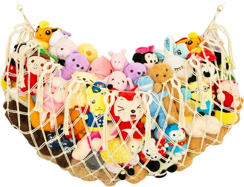 Miniatura 10 de Red grande para animales de peluche o hamaca para pared plana montada en la pared, hamaca de juguete de macramé hecha a mano, exhibición de felpa