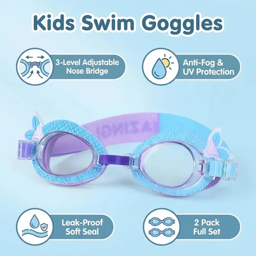 Miniatura 2 de Paquete de 2 gafas de natación para niños, sin fugas, antiniebla, impermeables, ajustables, para niños de 2 a 14 años