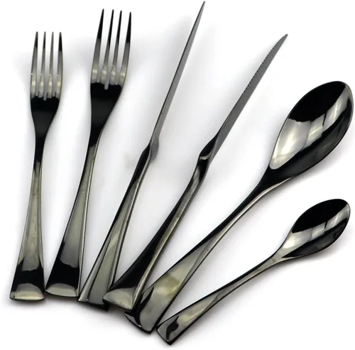 Miniatura 2 de JASHII Juego de cubiertos de acero inoxidable 18/10 de 24 piezas, color negro pulido con espejo, cuchillo para carne, tenedor de ensalada, cuchara