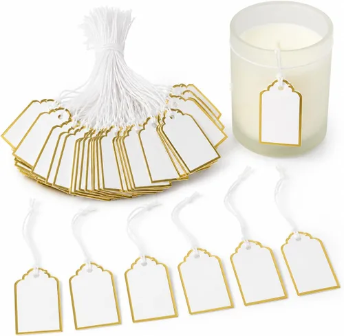 ULTNICE 500 etiquetas de precio en blanco con cuerda: elegantes etiquetas colgantes de borde dorado para velas, exhibición minorista de joyería,