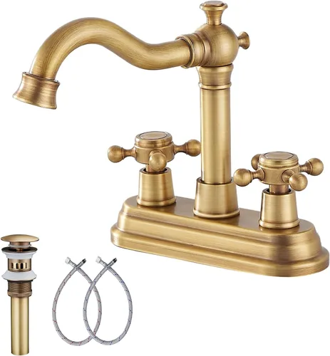 Miniatura 12 de Grifo de baño negro mate con 2 asas de 4 pulgadas, juego central de tocador de baño negro con montaje de drenaje y manguera de suministro grifo