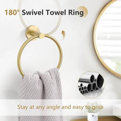 Miniatura 3 de Juego de 5 piezas de toallero, accesorios de baño de hardware de oro cepillado que incluye toallero de 60 cm, soporte de papel higiénico, anillo