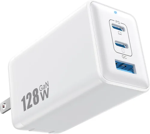 Miniatura 8 de Cargador de pared USB C de 128 W, estación de carga rápida de 3 puertos GaN III, bloque de cargador plegable PD QC, adaptador portátil de 65 W