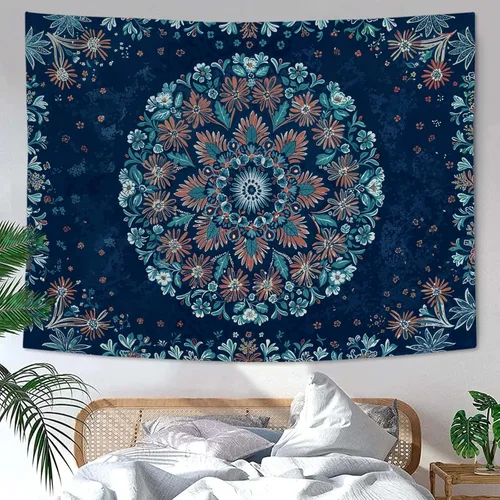 Miniatura 32 de Fowocu Tapiz bohemio con mandala floral para colgar en la pared, medallón de flores bohemias, tapiz estético, beige, naranja, hippie, indio, pequeño