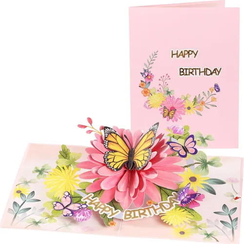 Tarjetas de cumpleaños desplegables para mujeres y esposa, hermosas flores y mariposa monarca, elegante, floral 3D, tarjetas de felicitación de