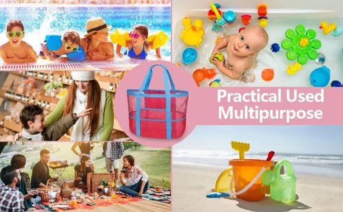 Miniatura 5 de F-color Bolsa de playa, bolsa de playa de malla de gran tamaño, 9 bolsillos, bolsa de toalla de playa