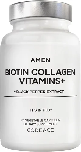 Amen Vitaminas de colágeno de biotina + suplemento de biotina de 10,000 mcg – Colágeno hidrolizado, vitaminas C y E, folato, ácido hialurónico,