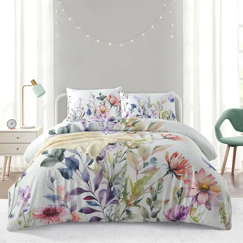 Miniatura 15 de Style Quarters Dahlia Lane - Juego de funda de edredón de 3 piezas, tallos florales multicolor con siluetas de hojas blancas, 100% algodón, lavable