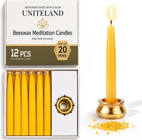 Velas de meditación de cera de abeja de 20 minutos, paquete de 12 velas de cera de abeja con portavelas de latón, mini velas de oración de cera de